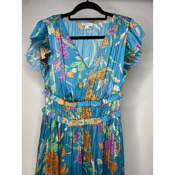 Current Air Sereia Botanical Motif Pleated Midi Dress Women's Small Blue Floral - Picture 2 of 6